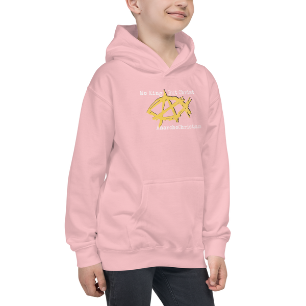 AnarchoChristian No King But Christ - Anarchist Jesus Fish Youth Kids Hoodie - Proud Libertarian - AnarchoChristian