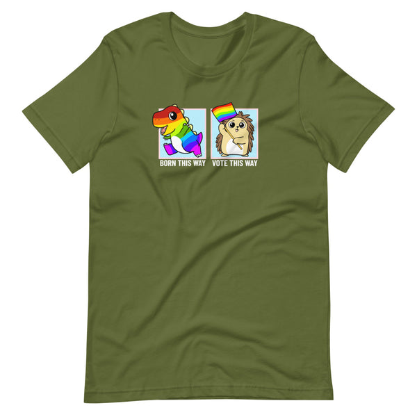 Born This Way / Vote This Way LGBT Pride Cartoon Porcupine and Dinosaur T-Shirt - Proud Libertarian - Cartoons of Liberty