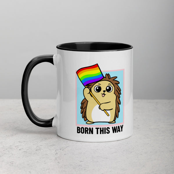 Born This Way LGBT Pride Cartoon Porcupine and Dinosaur Mug with Color Inside - Proud Libertarian - Cartoons of Liberty
