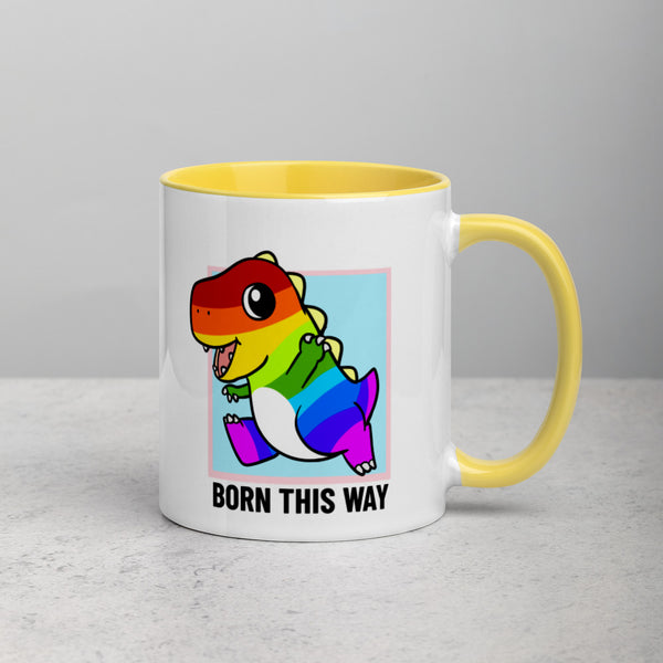 Born This Way LGBT Pride Cartoon Porcupine and Dinosaur Mug with Color Inside - Proud Libertarian - Cartoons of Liberty